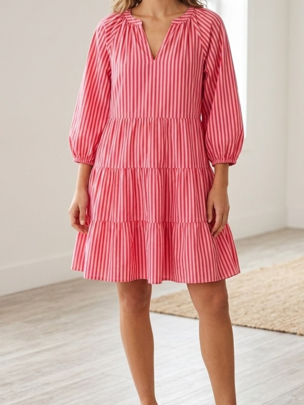 Printfresh Women's Dress Size M Red Pink Striped Organic Cotton Tiered
